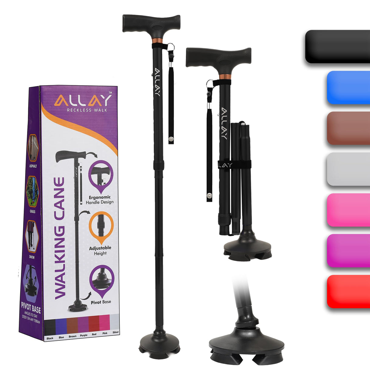 Allay Walking Cane for Men & Women - Foldable, Adjustable, Collapsible Walking Canes for Seniors Balance, Free Standing, Pivot Tip, Heavy Duty, with Travel Bag | Walking Sticks for Seniors - Black