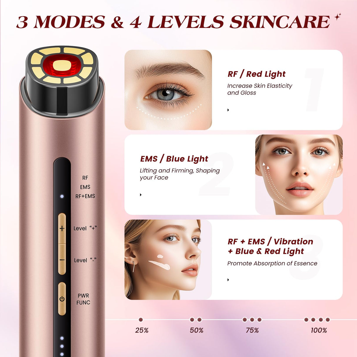 INTEO Microcurrent Facial Device, 3 Modes Red Light Therapy for Face and Neck, Skin Care Facial Massager Perfect Gifts for Women Men (Gold)