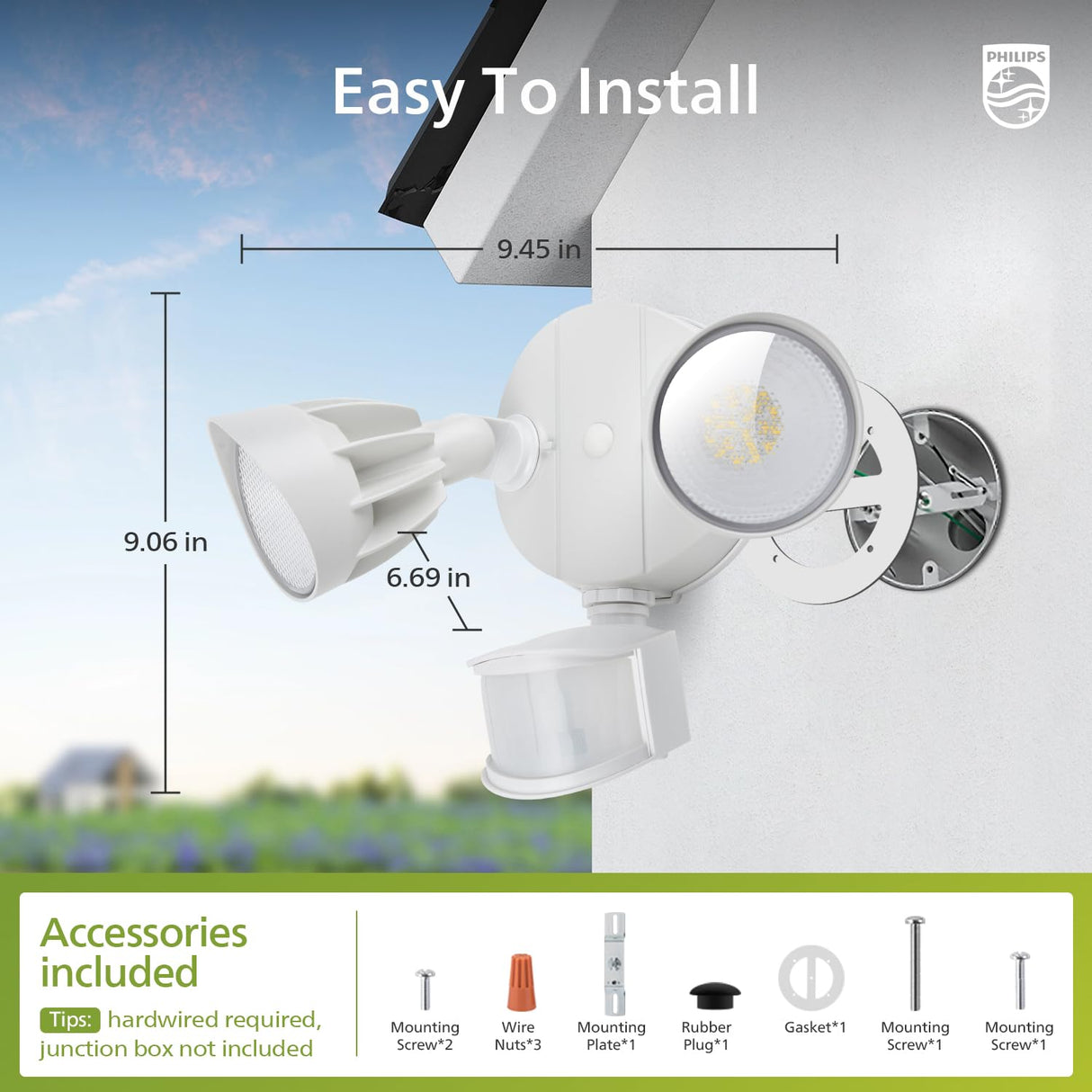 Philips 44W 4200 lm LED Security Light Outdoor w/PIR Motion Sensor, 5000K Daylight Flood Light, Waterproof, Dusk to Dawn, 2 Heads, 4 Modes
