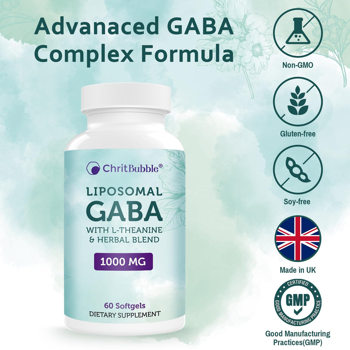 ChritBubble Liposomal GABA Supplements 1000mg with L-Theanine 200mg,High Absorption,Ashwagandha,Chamomile,Tart Cherry Herbal Supplement for Adults,120 Softgels,Non-GMO,Gluten Free