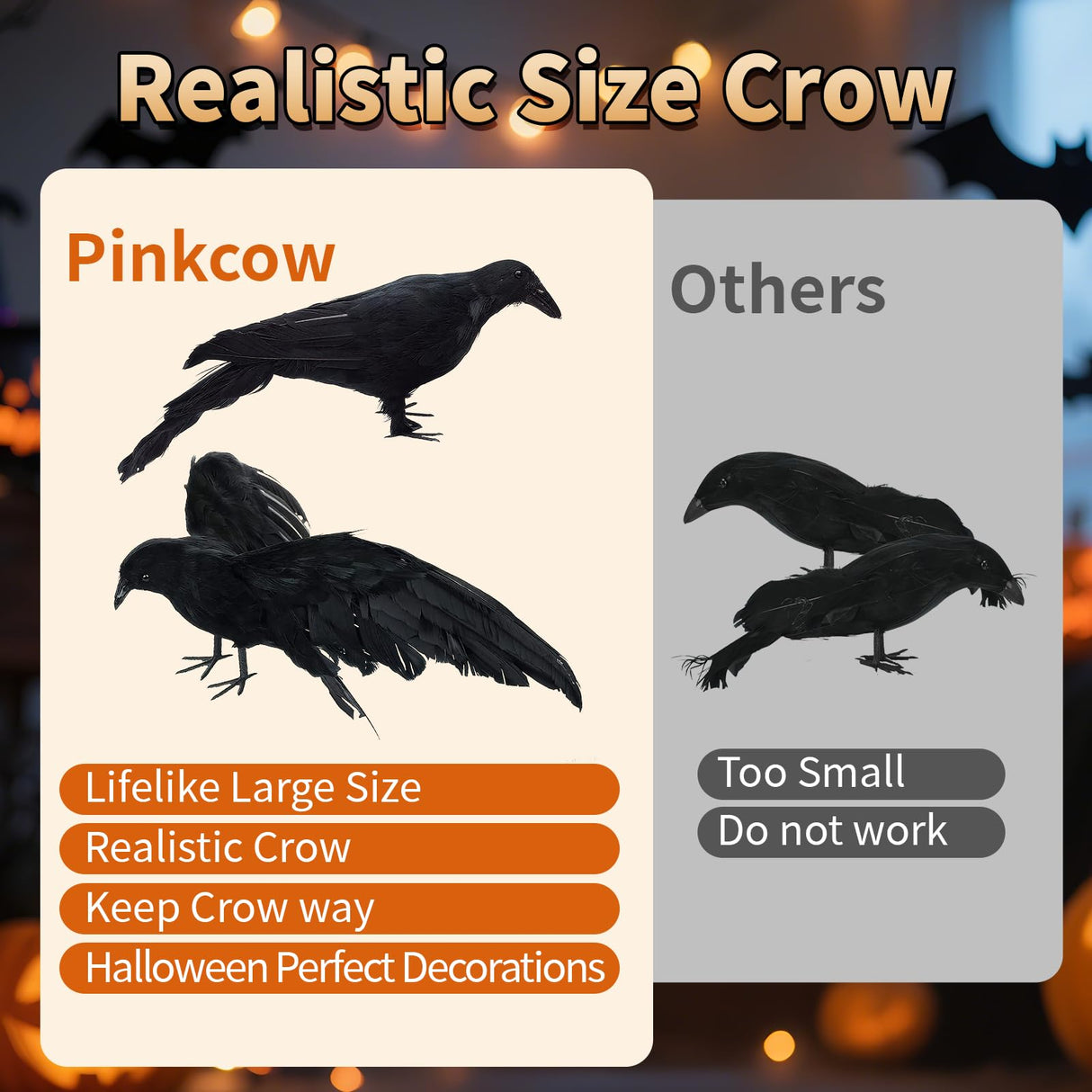 Black Fake Crows Halloween Decorations, Large Realistic Feather Black Crows
