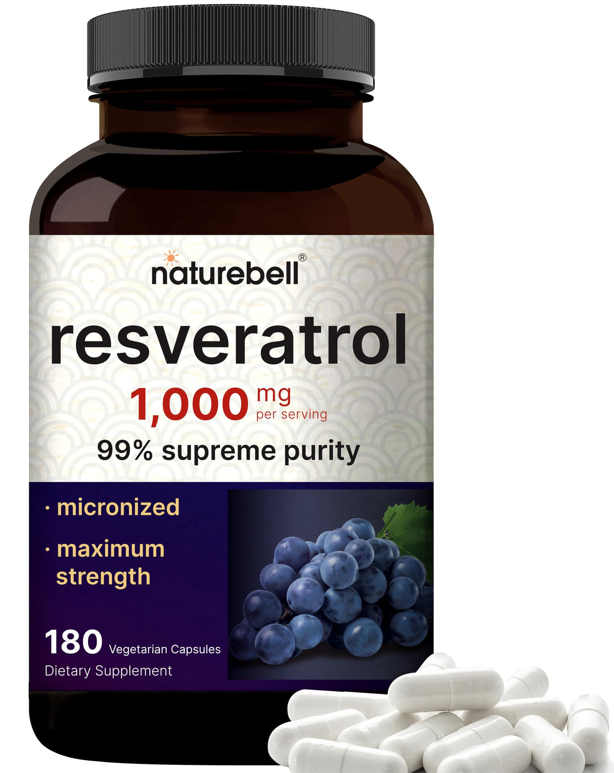 NatureBell Resveratrol Supplement 1000mg Per Serving, 180 Veggie Capsules, 99% Pure Trans-Resveratrol, Antioxidant for Healthy Aging, Brain & Heart Support – Non-GMO
