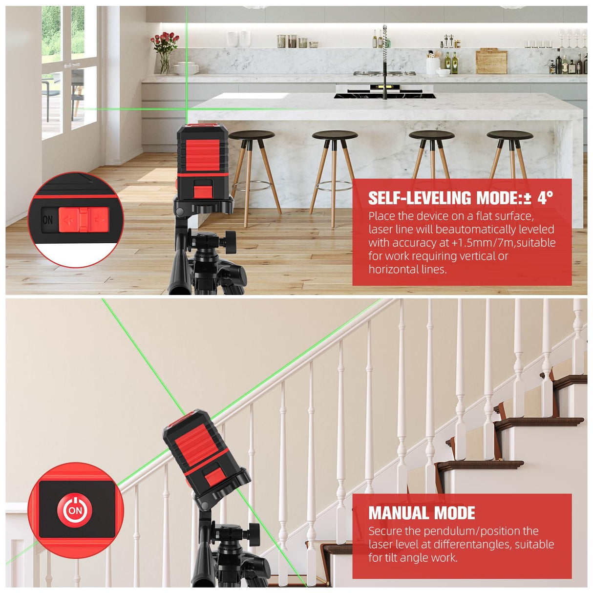 Laser Level with Tripod, 100 feet Green Cross Line Self Rotary Leveling Laser Level, Vertical and Horizontal Line, Rotatable 360 Degree, Manual Self leveling and Pulse Mode,IP54 Waterproof & Battery