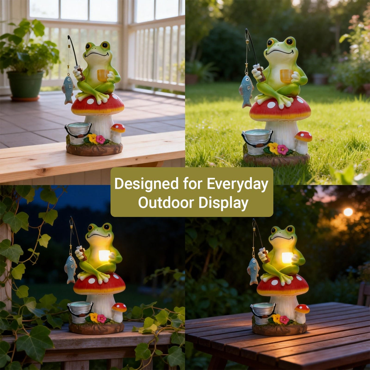 Elegondrar Solar Frog Garden Statue Outdoor Decor – Funny Fishing Frog Sitting on Mushroom, Gardening Gifts for Women, Mom, Grandma, Birthday, Housewarming, Christmas, Resin, 8.27" H