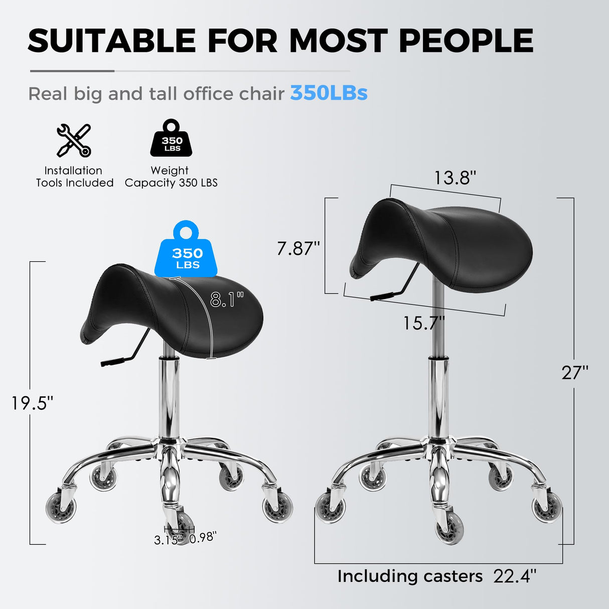 BEWISHOME Saddle Stool with Wheels, Swivel Adjustable Rolling Stool,Heavy Duty PU Leather Wide Thick Seat Padding Ergonomic Chair for Beauty Salon Spa Clinic(Black) BMD01B