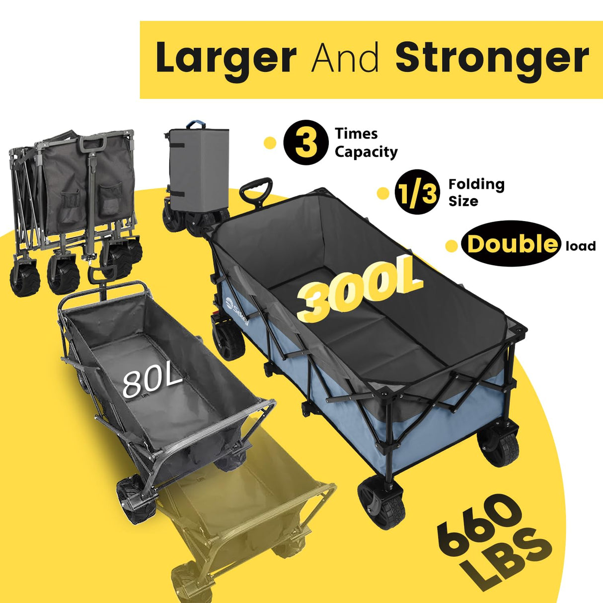 Sekey 48''L Collapsible Foldable Extended Wagon with 660lbs Weight Capacity, Heavy Duty 300L Folding Utility Garden Cart with Big All-Terrain Beach Wheels & Drink Holders. Blue&Grey
