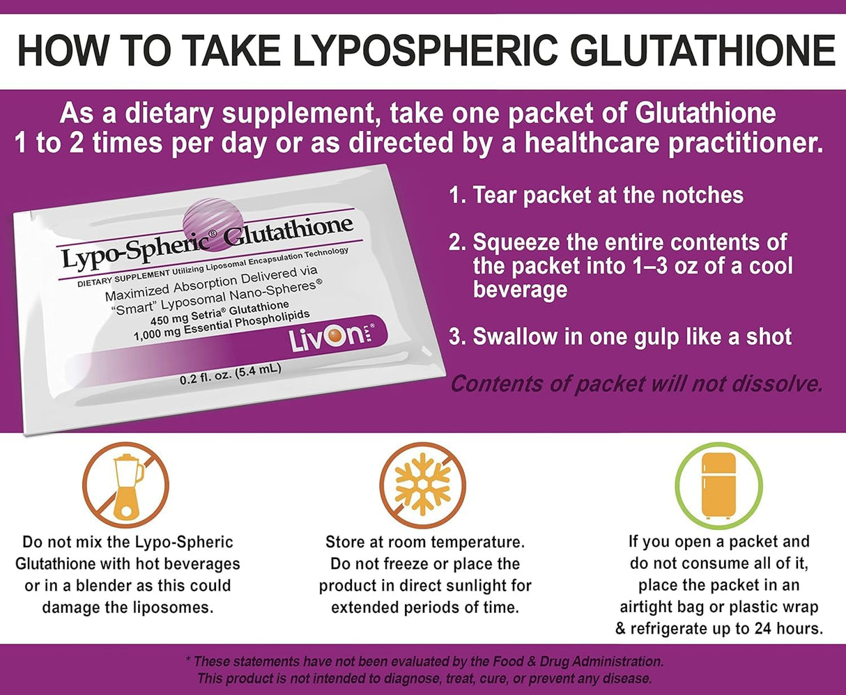LivOn Laboratories Lypo-Spheric Glutathione - 30 Packets – 450 mg Glutathione Per Packet – Liposome Encapsulated for Maximum Bioavailability – Professionally Formulated – 100% Non-GMO