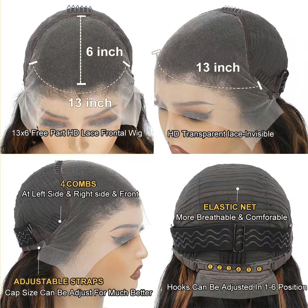 28 Inch Honey Blonde Ombre Lace Front Wig Human Hair 200 Density 13X6 Highlight Body Wave Lace Front Wig Human Hair Pre Plucked With Baby Hair Glueless HD Lace Frontal Wig for Women T1B/30 Colored Wig