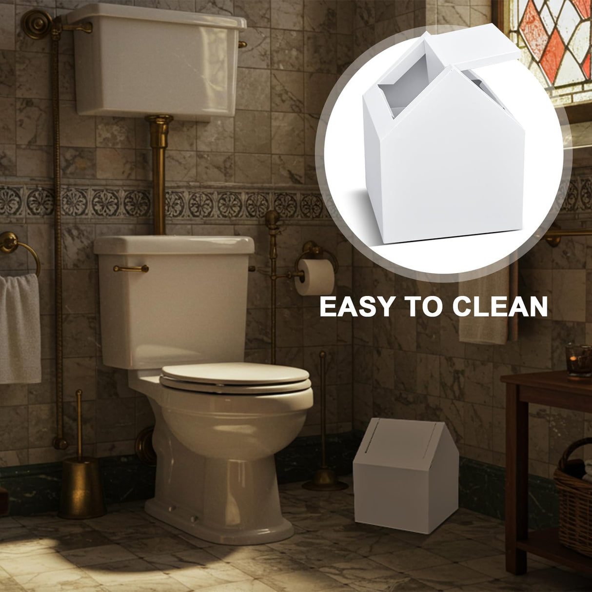 Kritkin Double Entry Sanitary Napkin Receptacle Swing Top Floor Receptacle Tampon Disposal Bin with 100 Black Disposal Liner Bags, Feminine Waste Tampon Holder Bathroom Hygiene Container, White, Metal