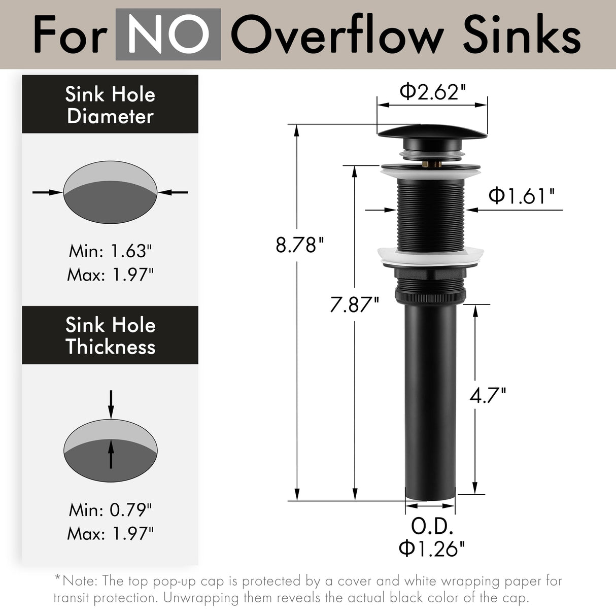KES Bathroom Sink Drain Without Overflow Vessel Sink Lavatory Vanity Pop Up Drain Stopper Matte Black for 1.6"-1.9" Sink Hole, All Metal Rustproof Brass and 304 Stainless Steel, S2008D-BK