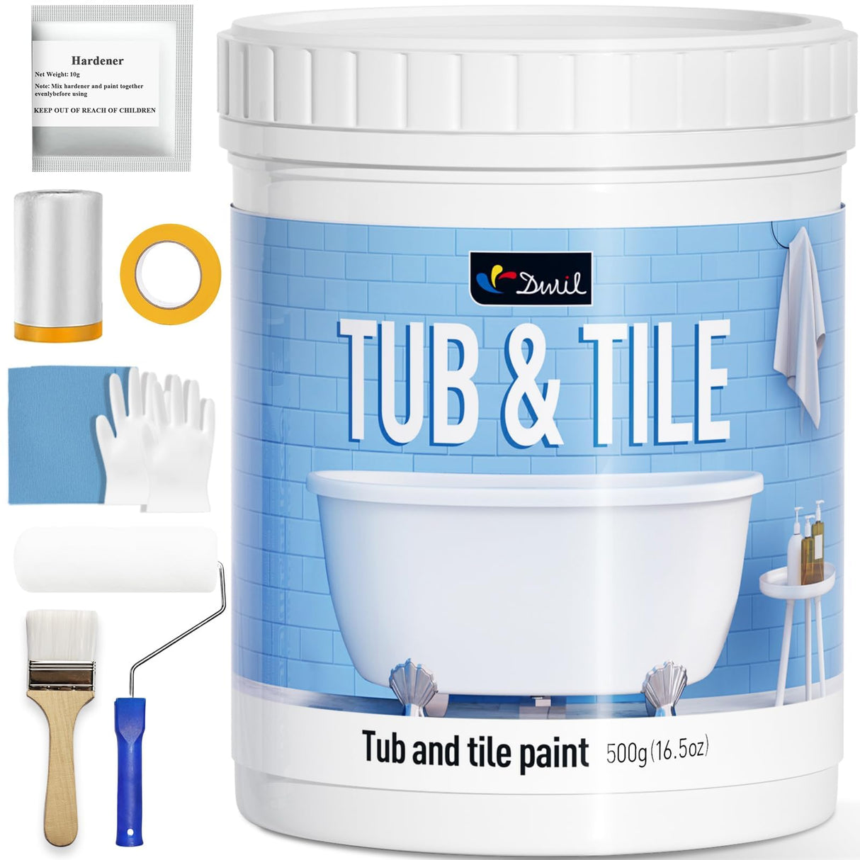 DWIL Tile Paint, Tub and Tile Refinishing Kit with Tools, Water-based Bathtub Paint - Low Odor, Easy to Use, 25-30sq.ft, 16.5oz, Semi-Gloss White
