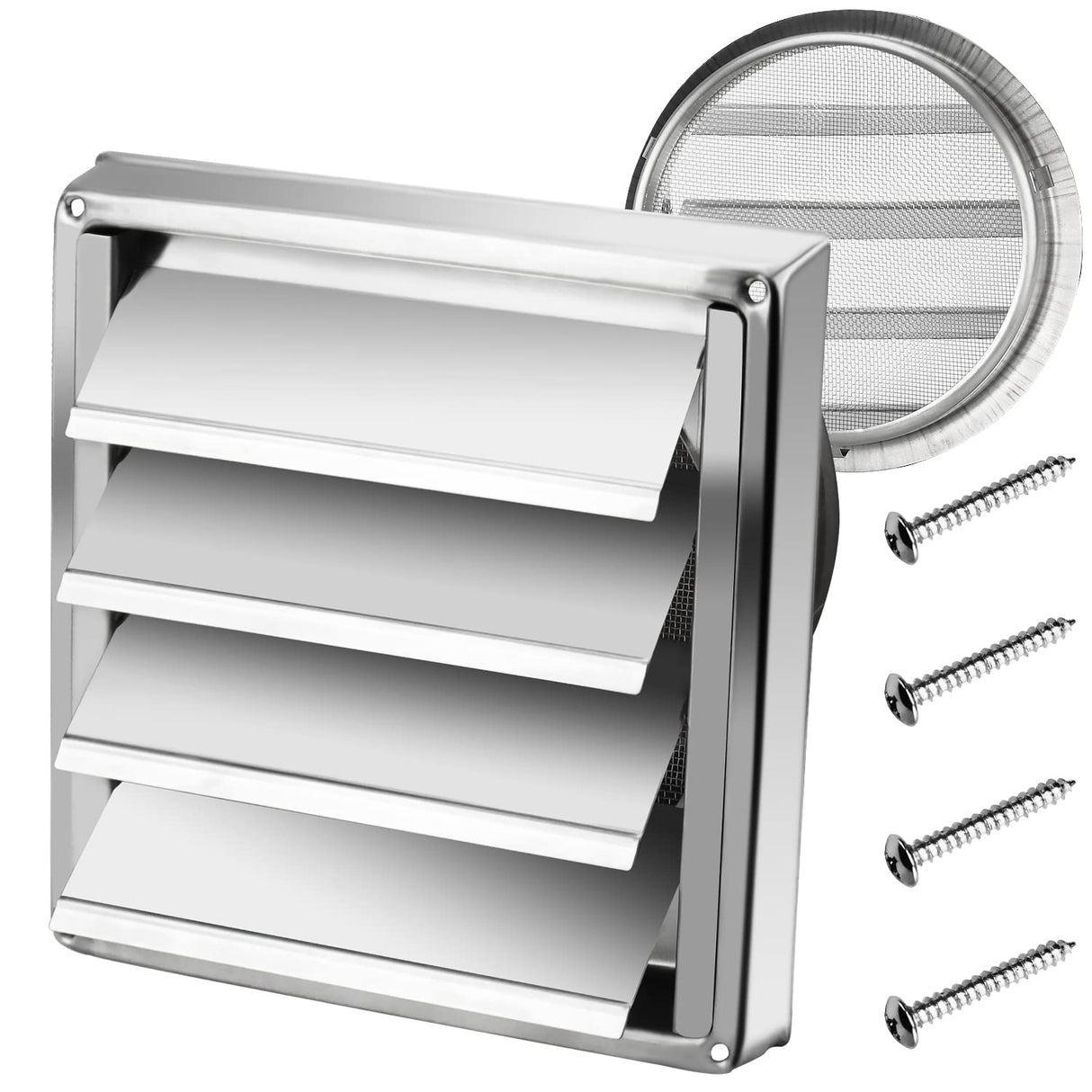 Funmit 6'' Metal Dryer Vent Cover, 7"x7" Outside Dimensions with Metal Mesh Screen, Outdoor Stainless Steel Louvered Vent Cover Includes 4 Screw for Easy Installation