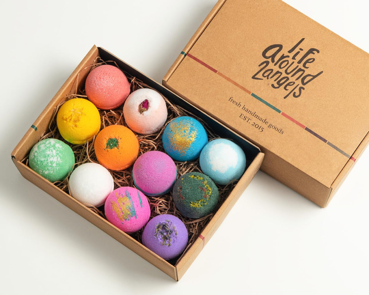 LifeAround2Angels Bath Bombs Gift Set 12 USA made Fizzies, Shea & Coco Butter Dry Skin Moisturize, Perfect for Bubble Spa Bath. Handmade Birthday Mothers day Gifts idea For Her/Him, wife, girlfriend