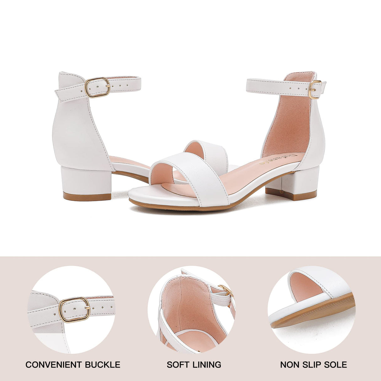 Dufannie White Heels for Girls Open Toe Ankle Strap Chunky Heel Kids Sandals Girls Dress Shoes Party Wedding First Communion Church Christmas Buckle Little Girl Sandals(3603White 3)