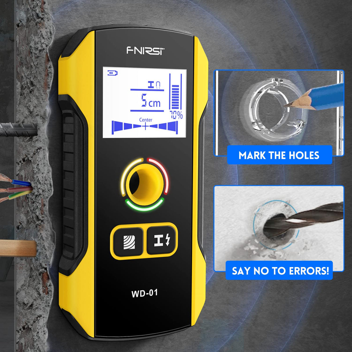 FNIRSI Stud Finder Wall Scanner - 6 in 1 Electronic Wall Wood Stud Finder, Wall Detector with Updated Positioning Hole for Center and Edge of Wood AC Wire Metal Studs Joist Pipe