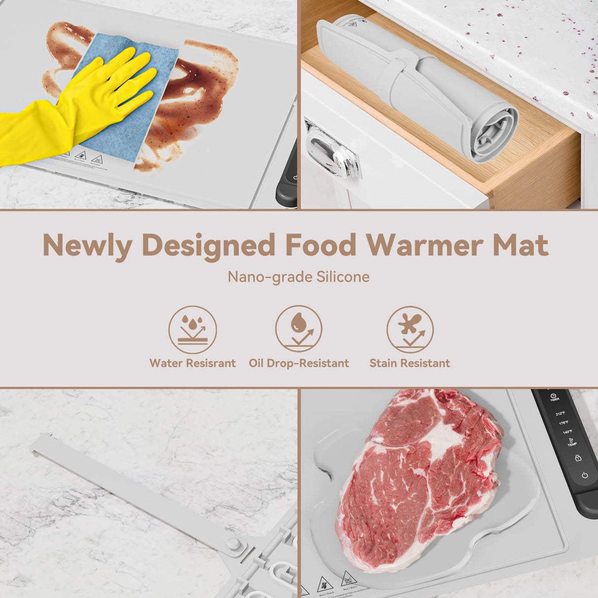 Warming Mat for Food Warmer Pad: 24"X16" Adjustable Foldable Silicone Electric Warming Tray for Buffets Party - Fast Heating Portable Hot Plates for Countertop Kitchen Travel Home Gifts Silver Gray