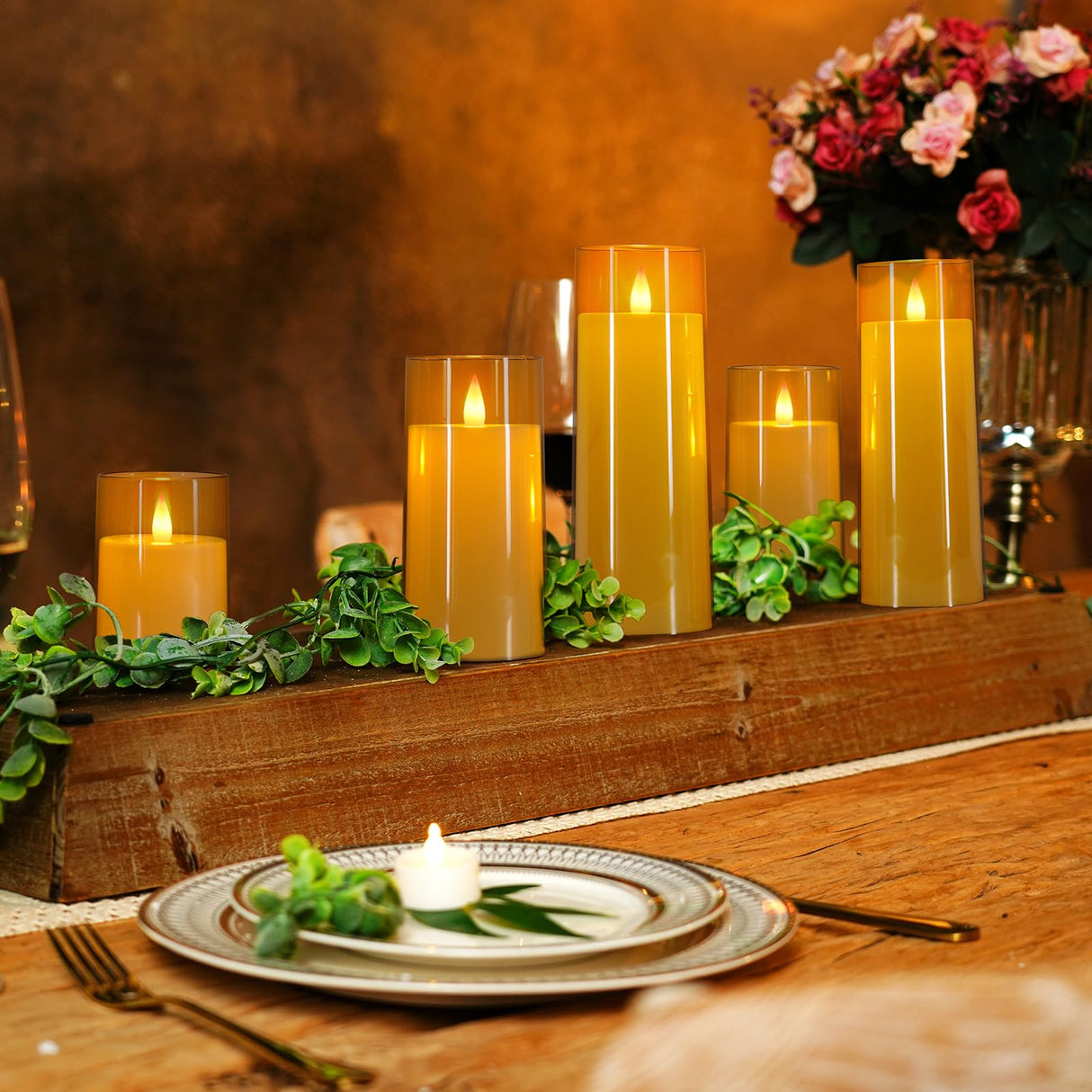 Homemory Realistic Flickering Flameless Candles, Battery Operated Candles with Remote Control and Timer, LED Fake Electric Candle for Home, Christmas Decoration, Gold, Set of 5