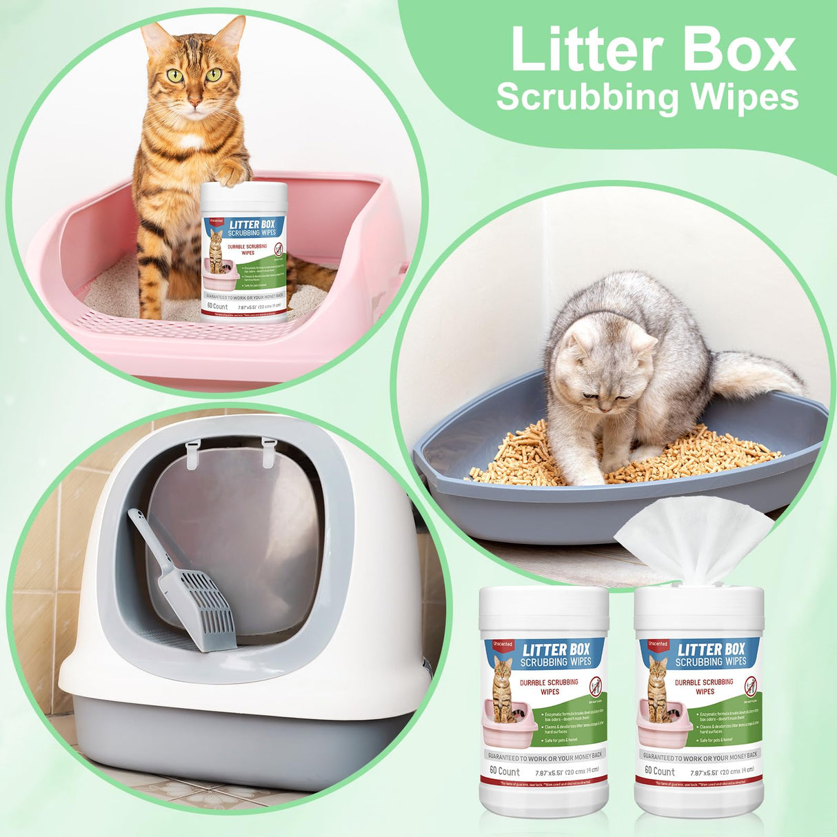 Breling 2 Pack Litter Box Scrubbing Wipes 120 Count Pets Cat Litter Box Cleaning Wipes Unscented Removes Stains Easily for Pet Cleaning Supplies