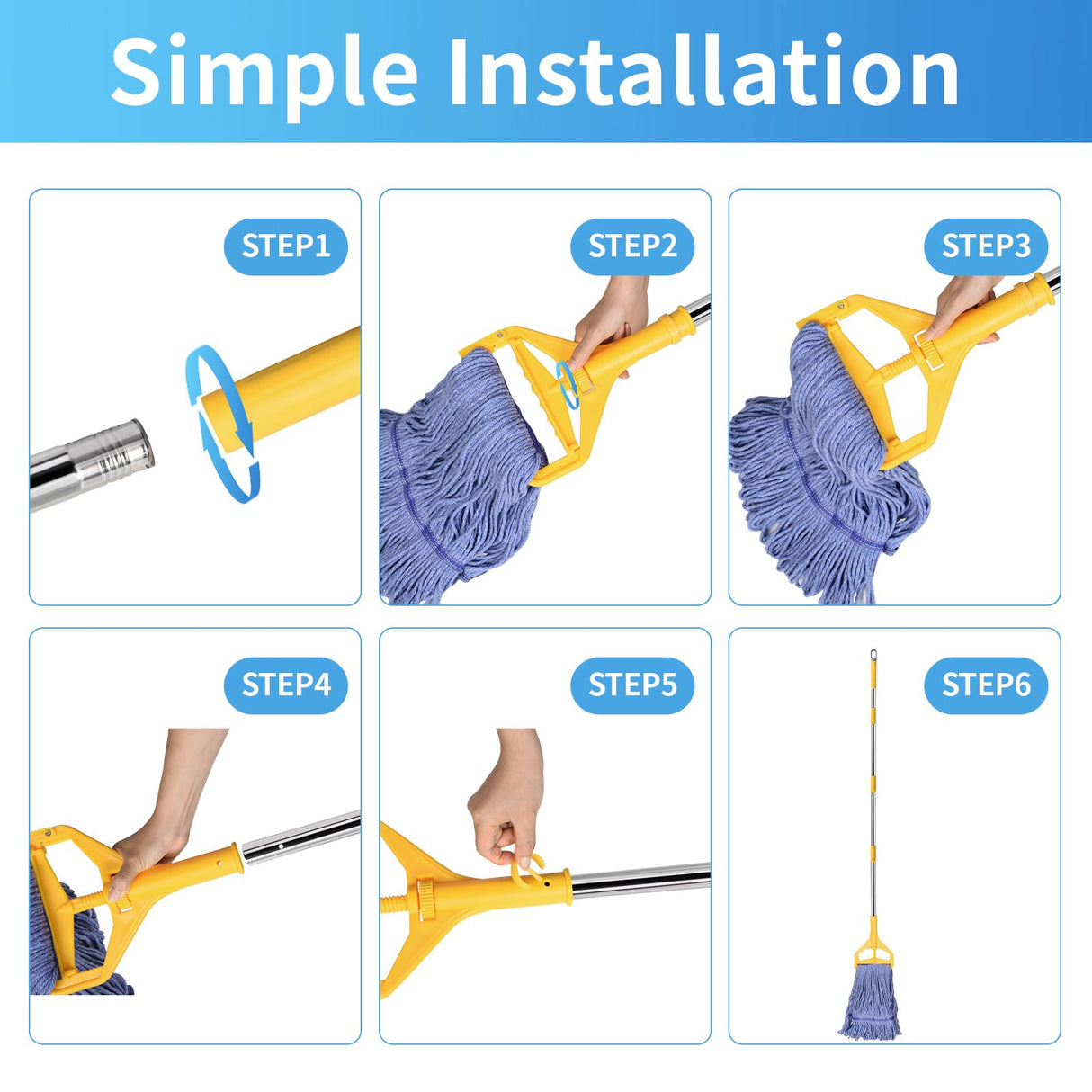 HiBaby Commercial Mop, 63Inch Handle Heavy Duty Industrial Mop Looped-End String Wet Mops for Floor Cleaning for Warehouse, Workshop, Garage, Office, Home, Deck(1 Mops Head)