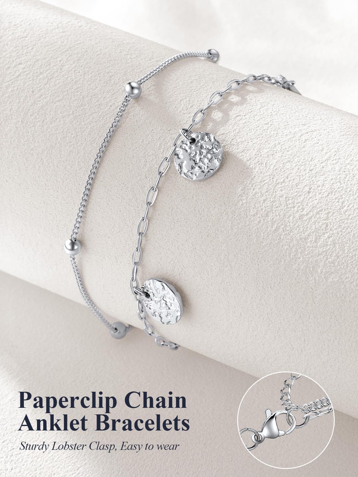 U7 Silver Anklets for Women Lightweight, Stainless Steel Ankle Bracelets Silver Layered Chain Anklet for Women Waterproof