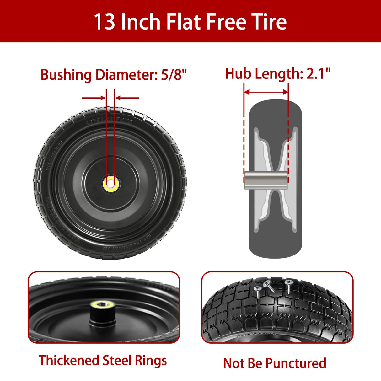 LTNICER 13" Flat Free Tires Compatible with Gorilla Carts,4.00-6 Solid Rubber Wheels with 5/8"Bearings,2.1"Offset Hub for Wagon Tire,Trailer Tire,Wagon Wheel Replacement,13 Trailer Tire Wheel(2-Pack)