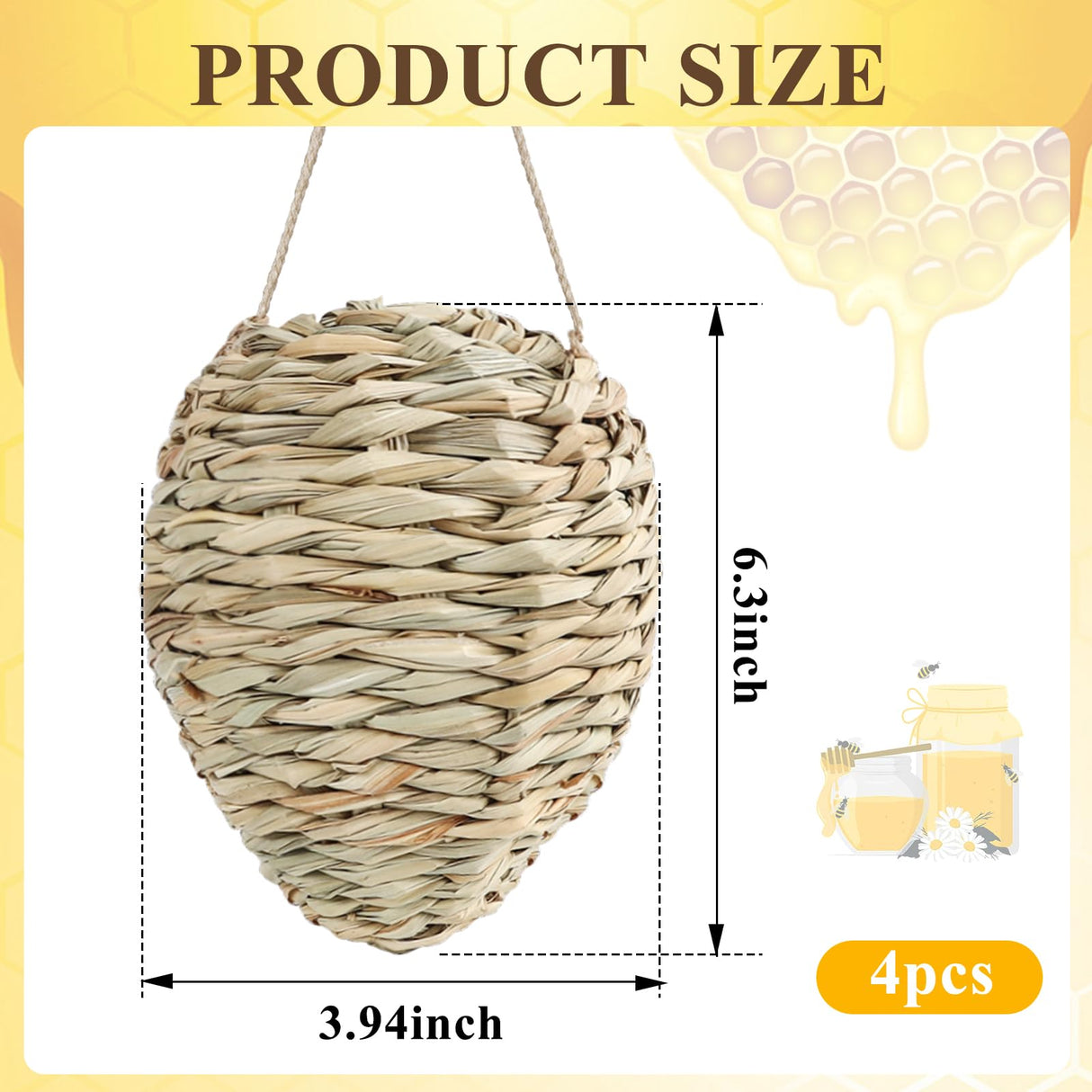 4 Pack Fake Wasp Nest Decoy, Woven Reed Wasp Hornet Decoys, Waterproof Faux Hornets Nest, Outdoor Hanging Decoration for Patio, Garden, Eaves