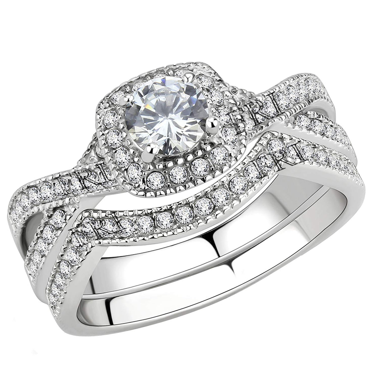 FlameReflection Stainless Steel Rings for Women Infinity Wedding Set Round CZ Cubic Zirconia Halo Engagement Bridal Jewelry Set Size 9