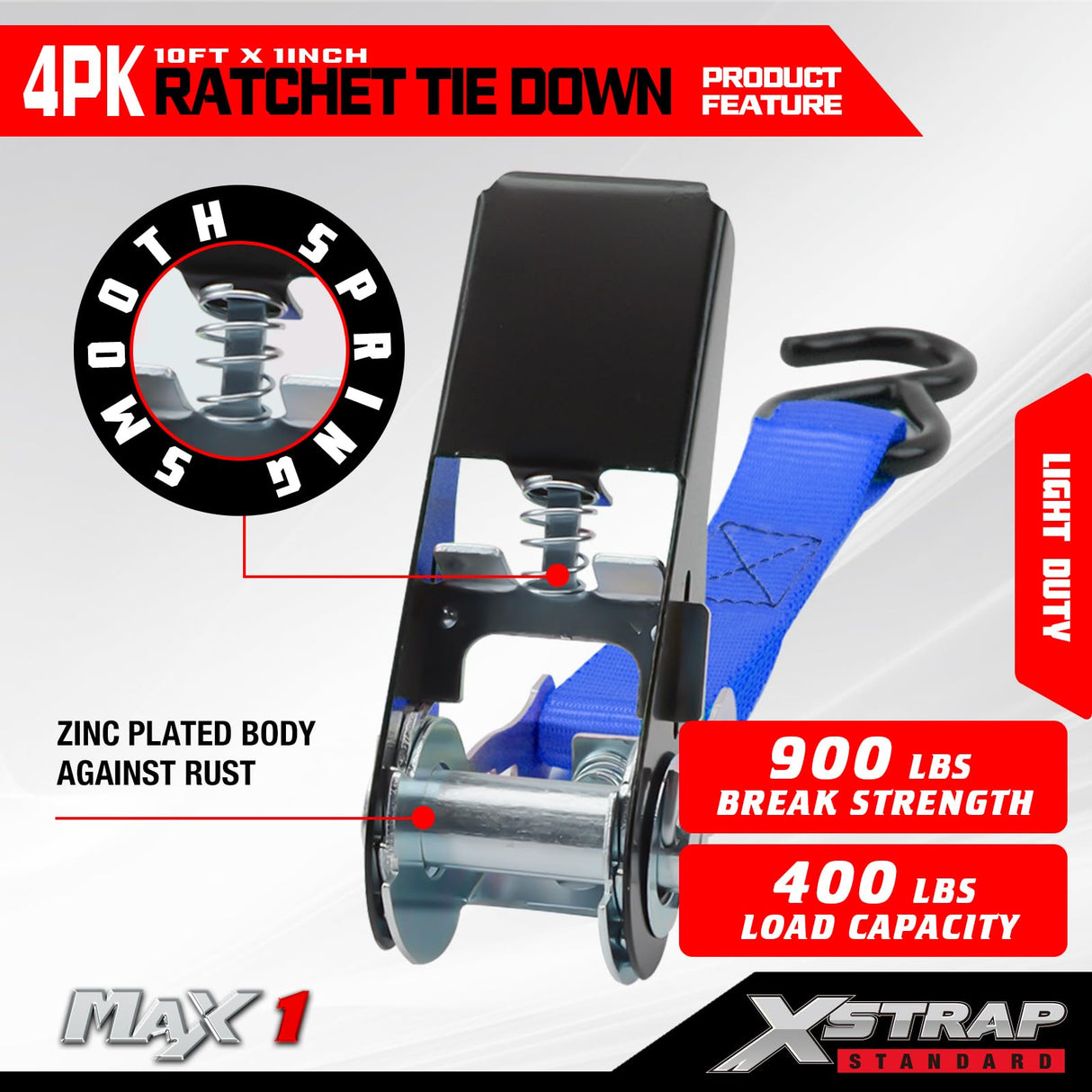 XSTRAP STANDARD Ratchet Tie Down Straps 4 Pk 10 Ft- 300 Lbs Load Cap- 900 Lbs Break Strength-Cargo Straps for UTV, ATV, Pickup,Truck, Moving Appliances, Lawn Equipment, Blue