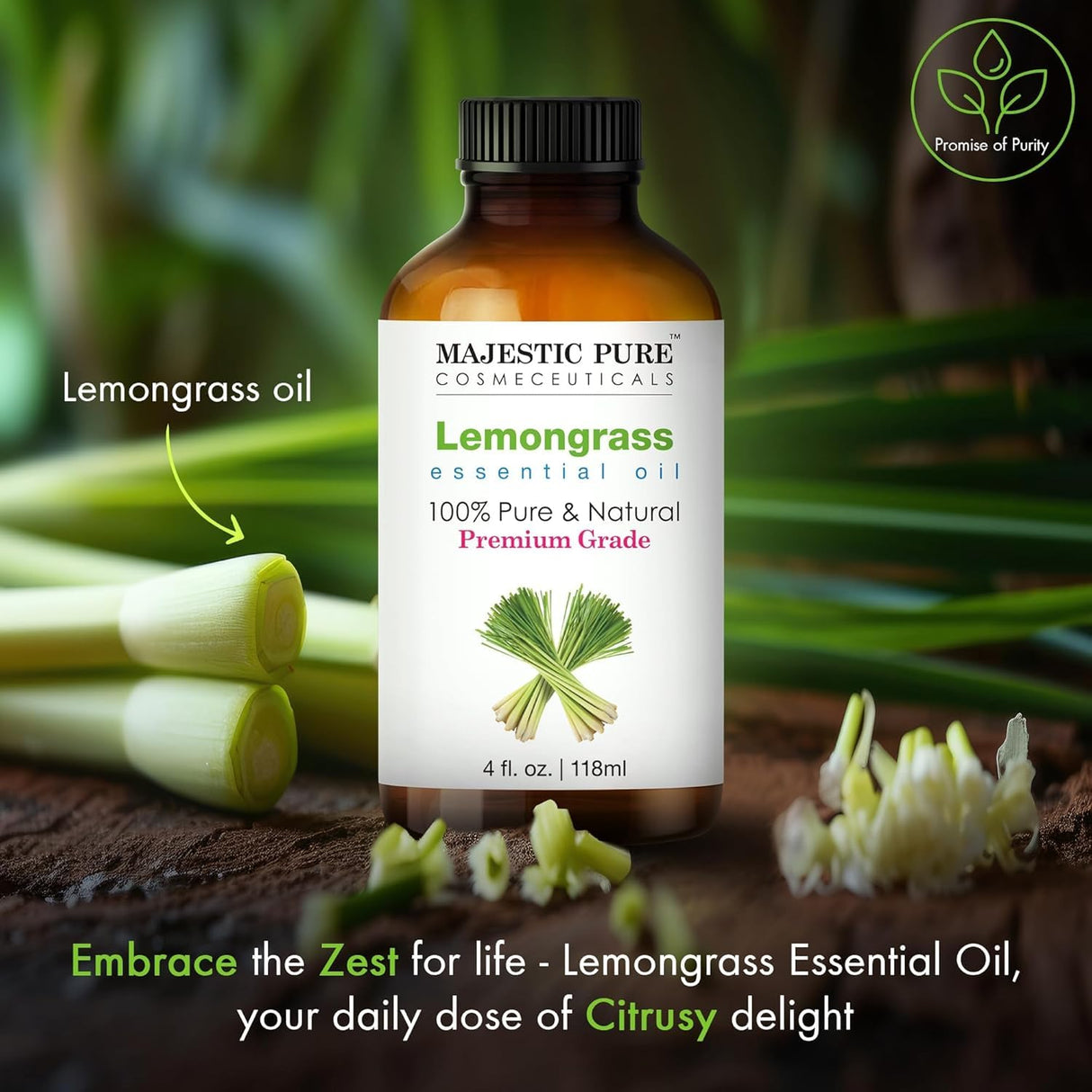 MAJESTIC PURE Lemongrass Essential Oil | 100% Pure and Natural Oil | Premium Grade Essential Oils for Hair Care, Home Diffusers, Skin, Aromatherapy, Massage and Humidifiers | 4 Fl Oz (Pack of 2)