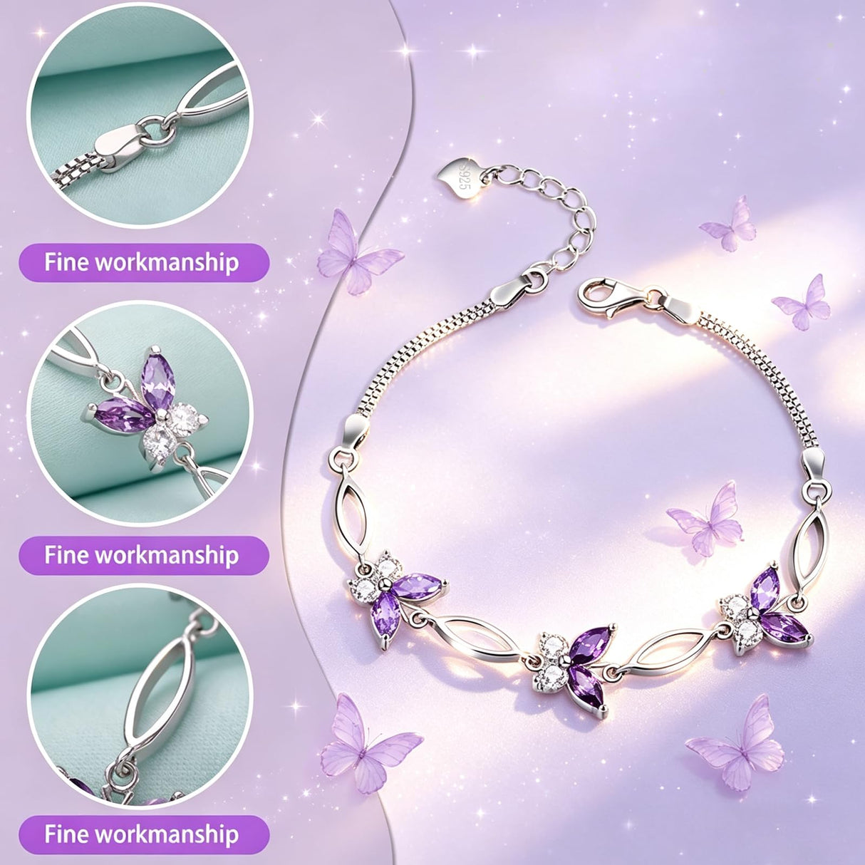 Nieboa S925 Sterling Silver Purple Butterfly Bracelets for Women,Anniversary Jewelry Gift for Women Mother Wife friend(Purple)