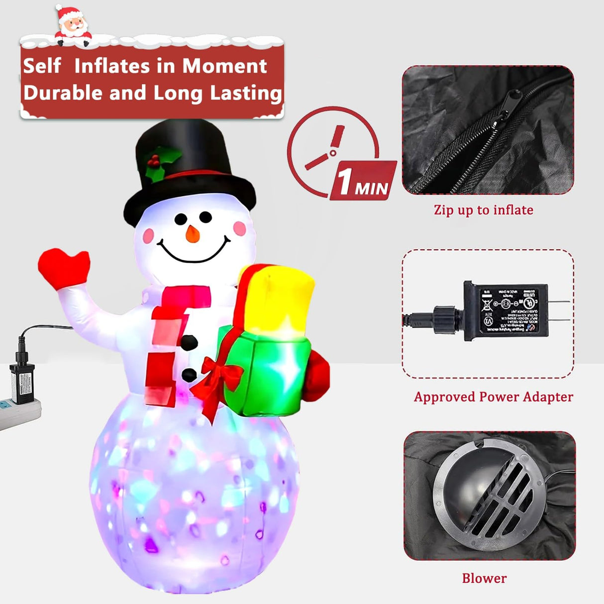 PIPIMOUSE 5FT Christmas Inflatables Snowman with Rotating Lights, Blow Up Snowman Outdoor Decoration LED Lighted Snow Man Christmas Decor for Yard Patio Garden Lawn Xmas Holiday Indoor Party