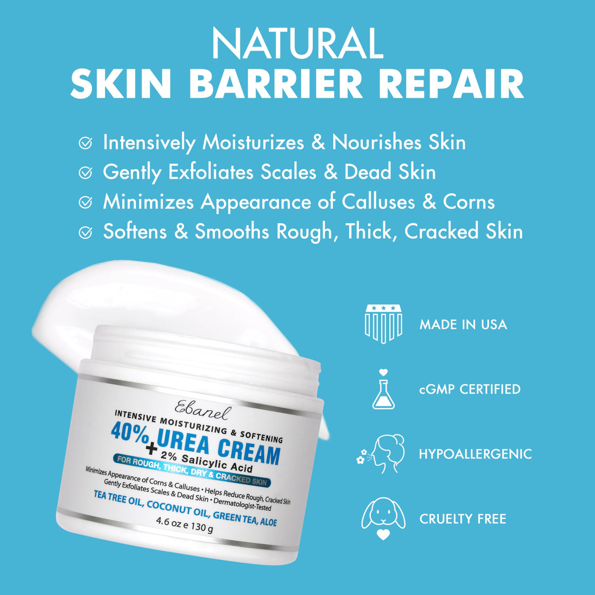 Ebanel Urea Cream 40% plus Salicylic Acid 2%, Foot Cream for Dry Cracked Heels Feet Knees Elbows Hands, Foot Dead Skin Cuticle Callus Remover Toenail Softener, Keratolytic Skin Barrier Repair
