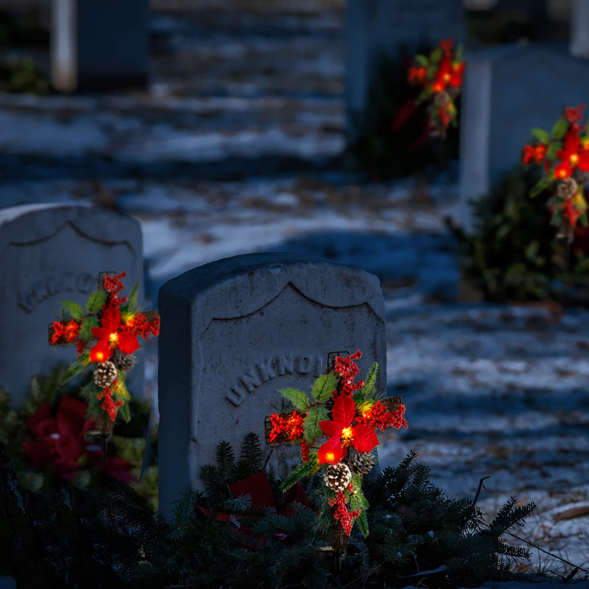 SOWSUN Solar Christmas Decorations Outdoor LED Lights, Xmas Waterproof Cross Stake, Cemetery Grave Decorations,Faux Pine Cones and Foliage Ornament Stakes for Garden Lawn Yard Cemetery, Set of 2