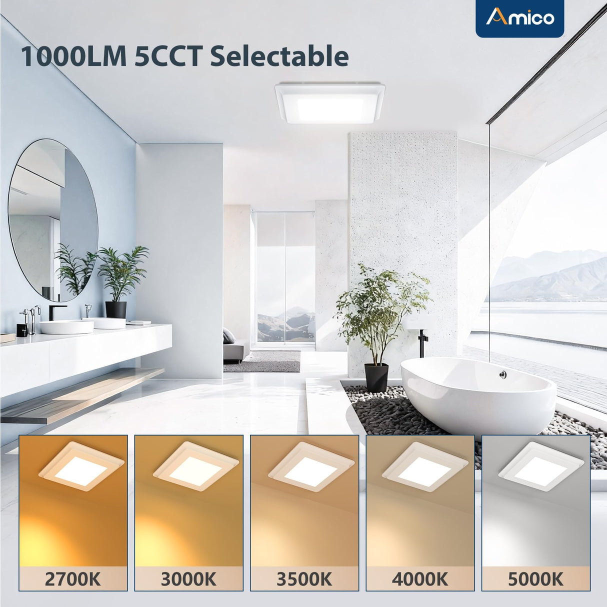 Amico Bathroom Exhaust Fan with Light, 80 CFM, 0.9 Sones, 5CCT, Easy Retrofit without Attic Access, Adjustable Bathroom Fan with light, Quiet Operation, ETL & FCC Certified