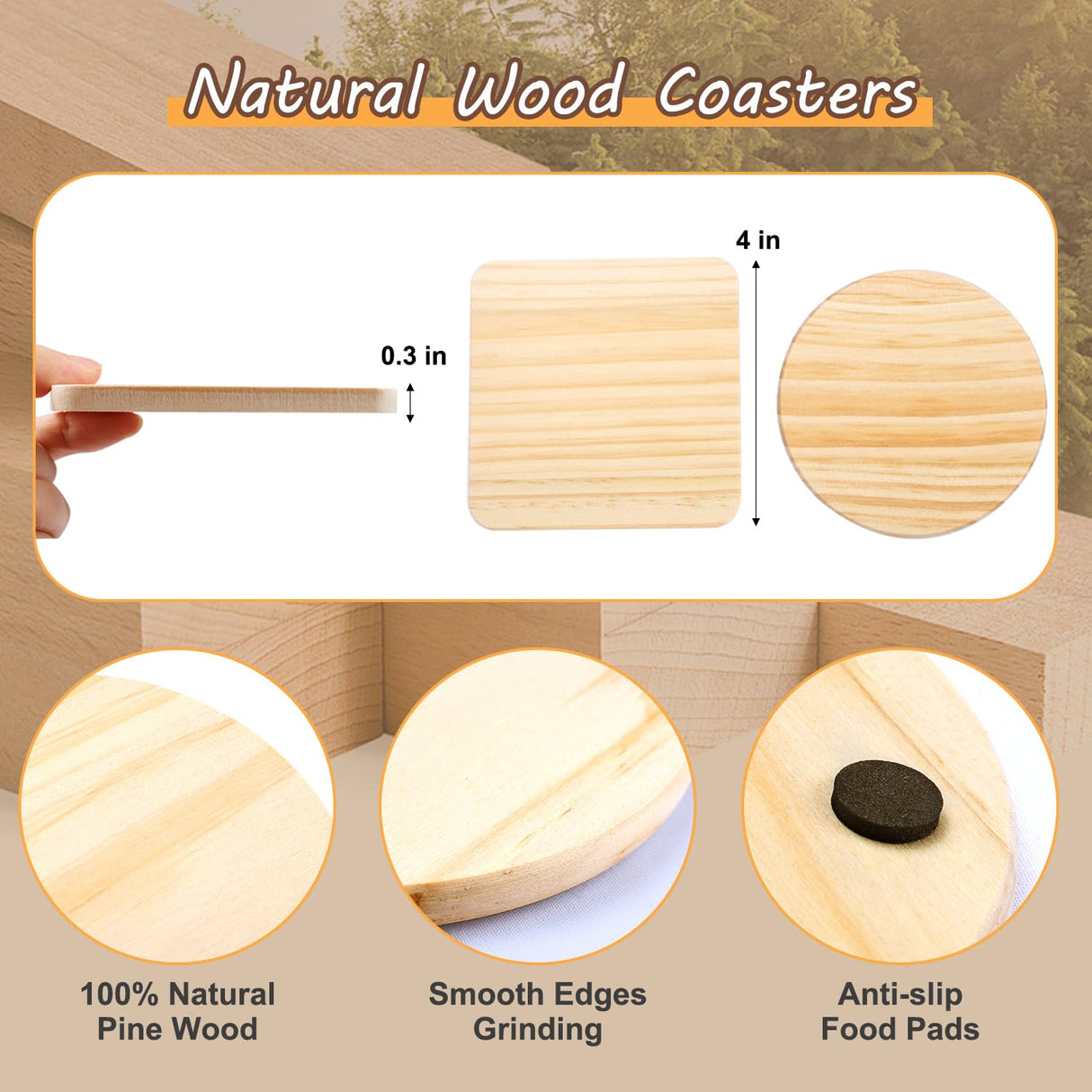 36 Pcs Unfinished Wood Coasters for Crafts,Cymuber 4 Inch Blank Wooden Coasters,Blank Coaster with Non Slip Pad for DIY Stained Painting Wood Engraving Wedding Halloween Christmas Home Decoration