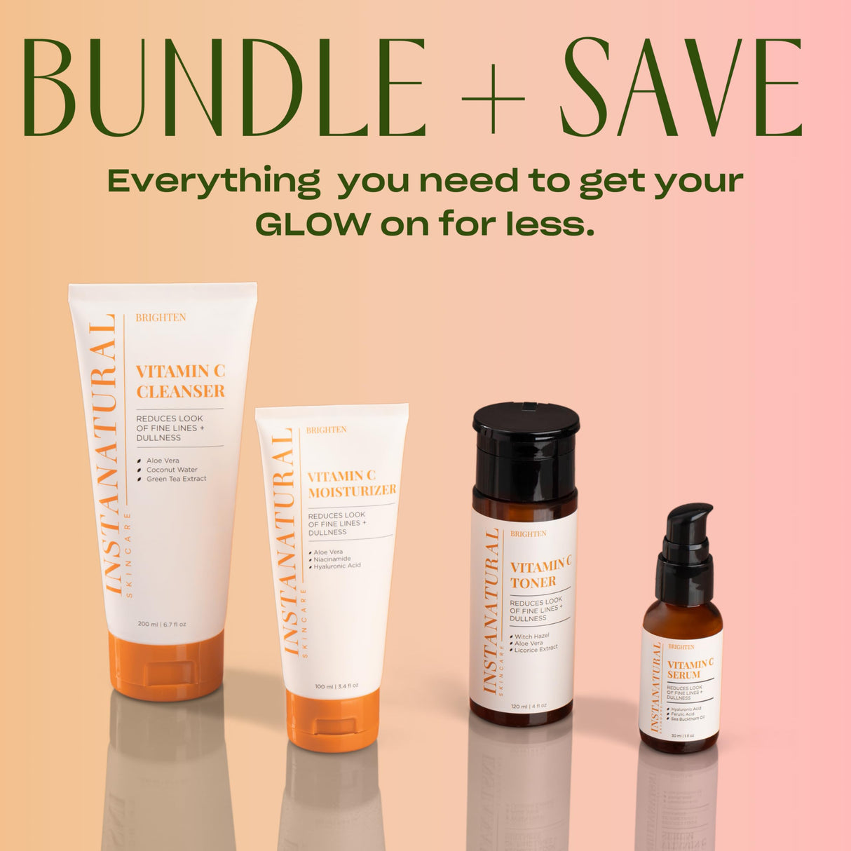 InstaNatural Vitamin C Four Step Skin Care Set, Skincare Routine, Brightens, Hydrates, Prevents Signs of Aging, Face Wash, Toner, Serum and Moisturizer, with Botanical Extracts