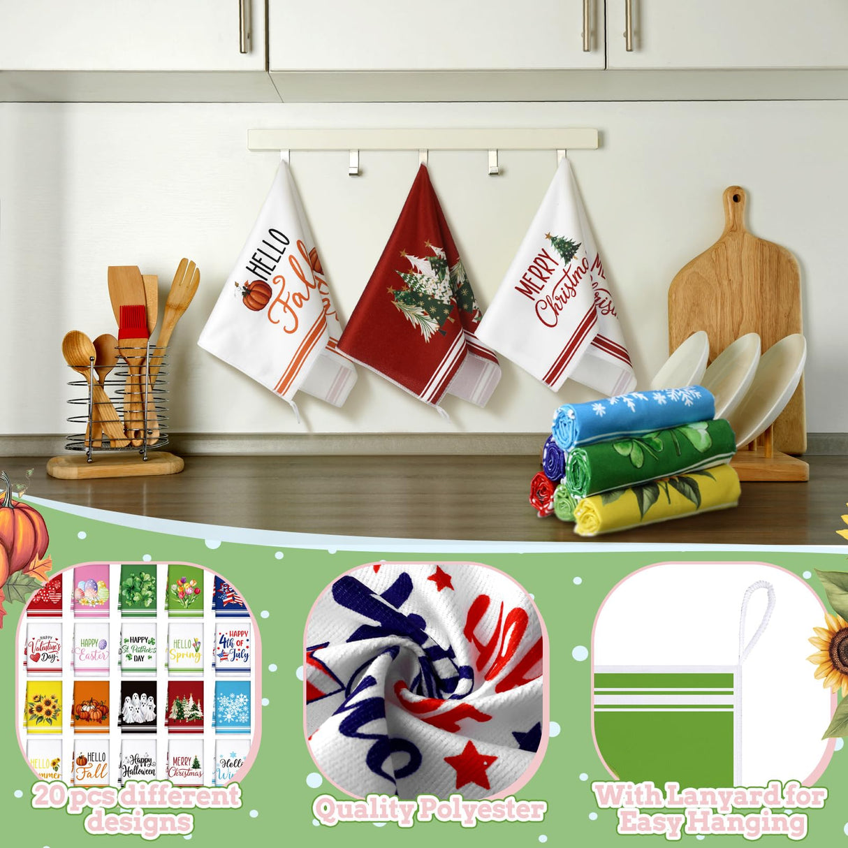 FuWeave 20 Pcs Holiday Kitchen Towels Seasonal Decorative Hand Towels Set Christmas Dish Cloths Winter Valentine's Day 16 x 24 Colorful Wash Cloths with Hanging Loop(Fresh)