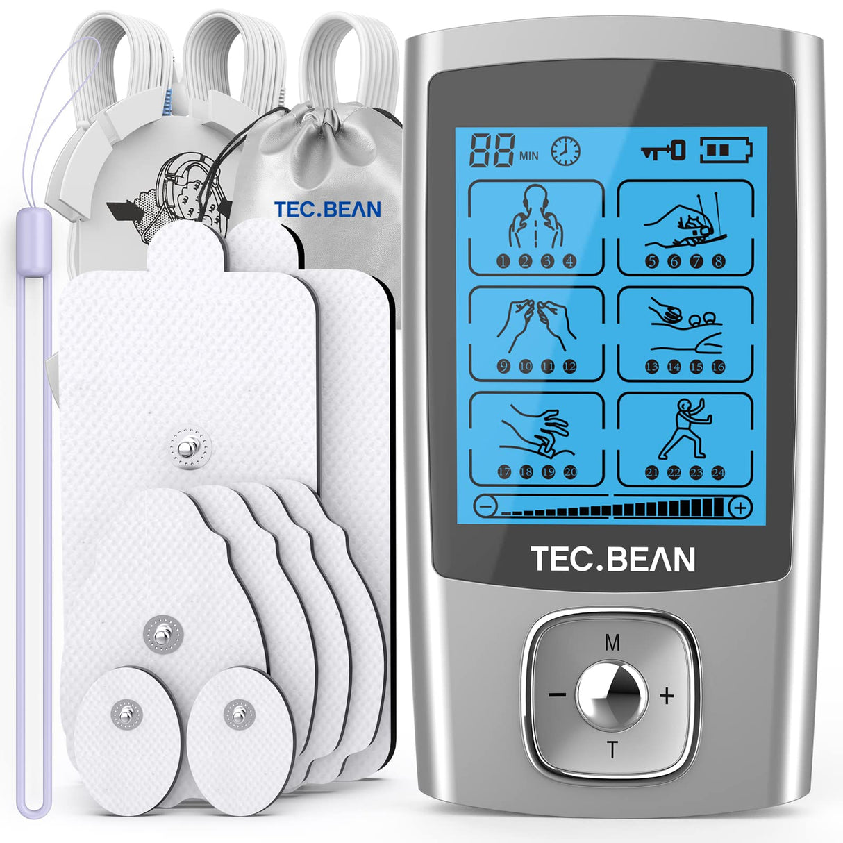 TEC.BEAN 24 Modes Tens Unit Muscle Stimulator, Rechargeable Tens Machine with 8 Electrode Pads (American Gel), Electric Pulse Massager for Pain Relief Therapy(Silver