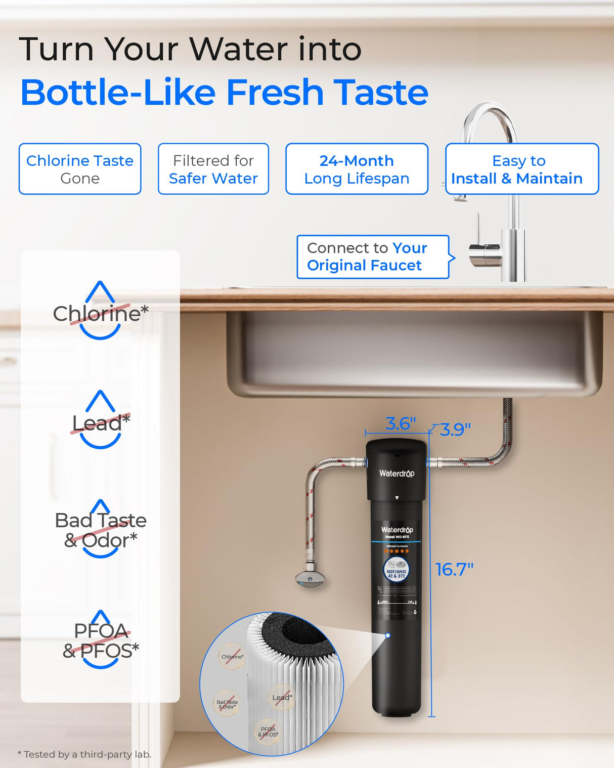 Waterdrop 15UA Under Sink Water Filter System, 2 Years, Reduces Lead, Chlorine, Bad Taste & Odor, Under Counter Water Filter Direct Connect to Kitchen Faucet, NSF/ANSI 42 Certified, USA Tech