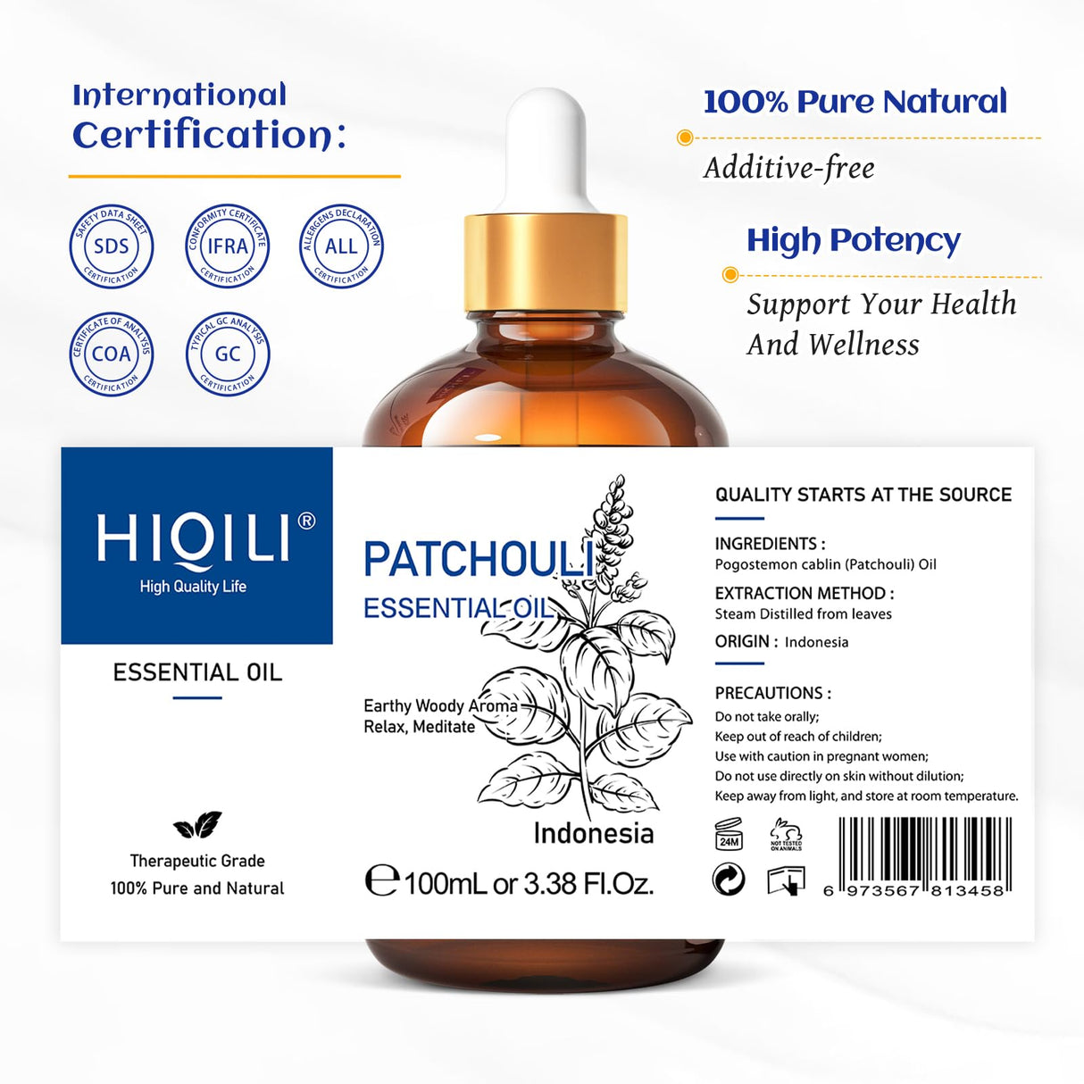 HIQILI Patchouli Essential Oil,100% Pure & Natural for Homemade Perfume, Sooth Skin, Nourish Hair at Home with Diffuser, Gift for Hippie Friend -100ML