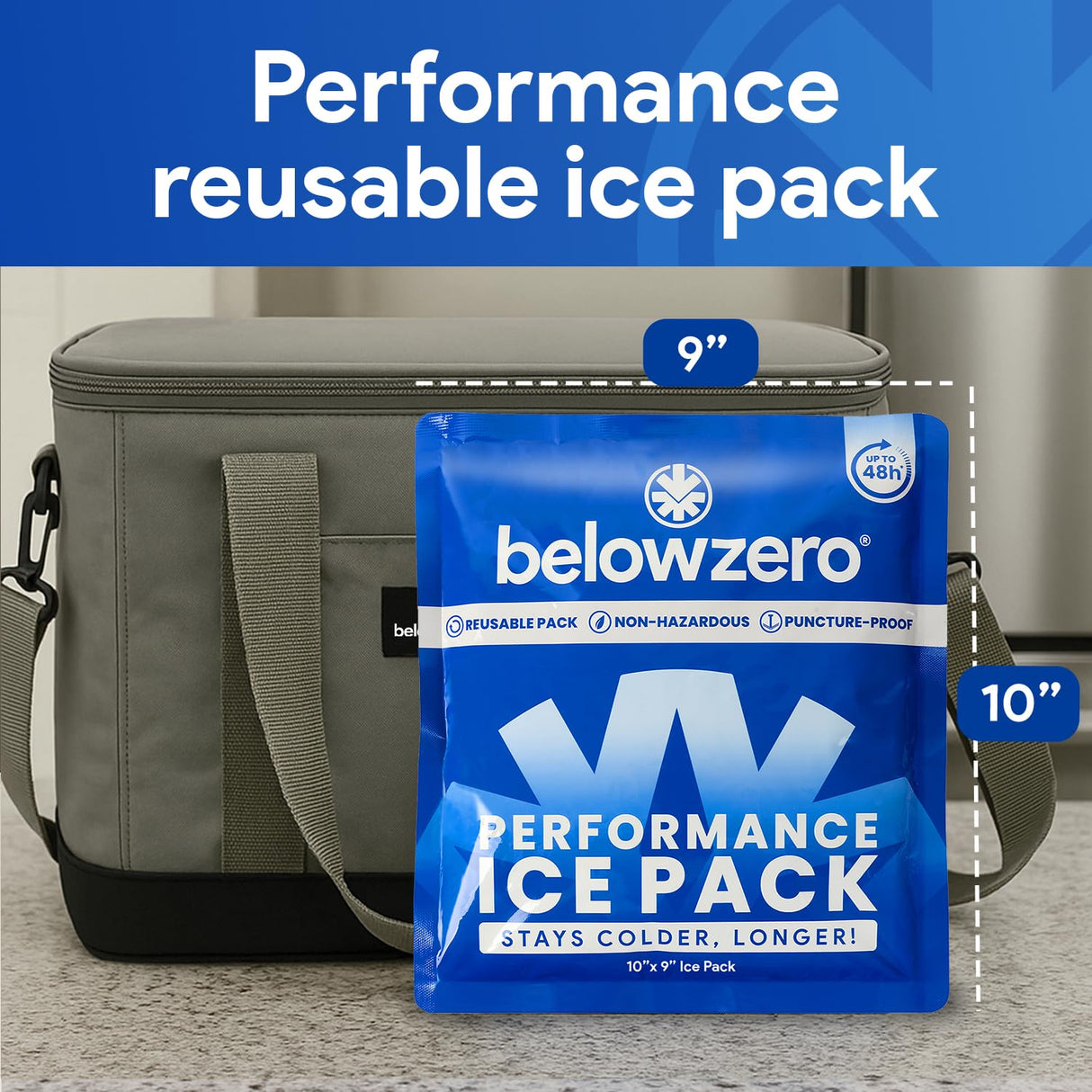 Below Zero Prefilled Reusable Ice Packs for Coolers | Long Lasting Freezer Ice Blocks for Camping, Lunch Bags & More | 48 Hour Cooler Ice Pack Technology | Medium 10”x9” (2-Pack)