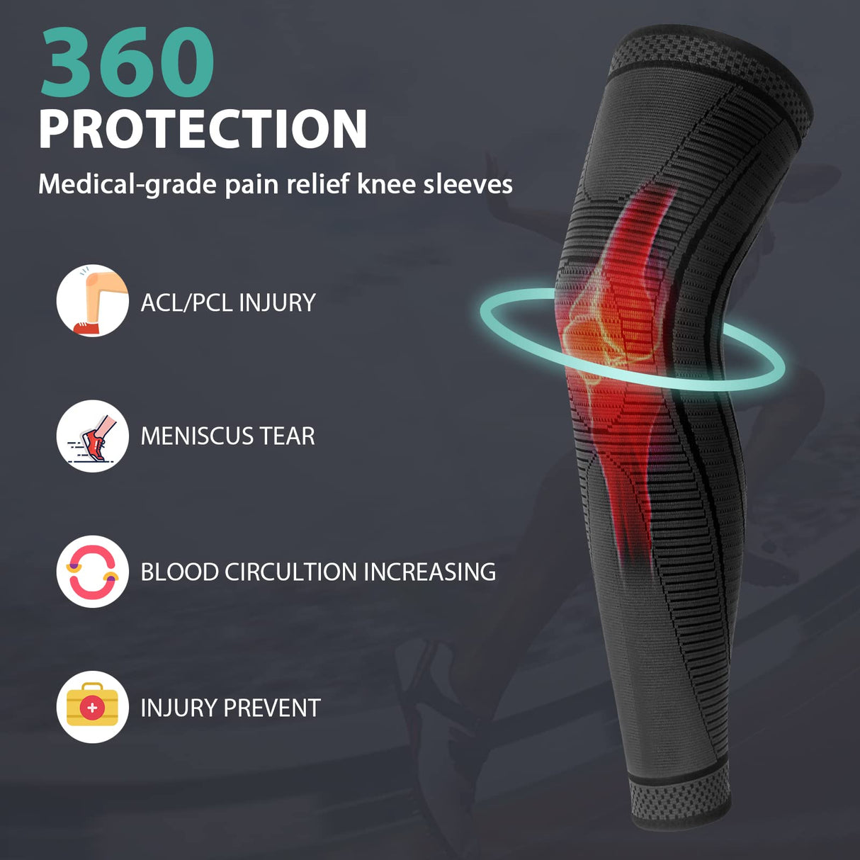 Ruilaibao 2 Pack Full Leg Compression Sleeves, Long Knee Brace Support for ACL,PCL, Meniscus Tear, Arthritis, Tendinitis,Men And Women (Black, Large)