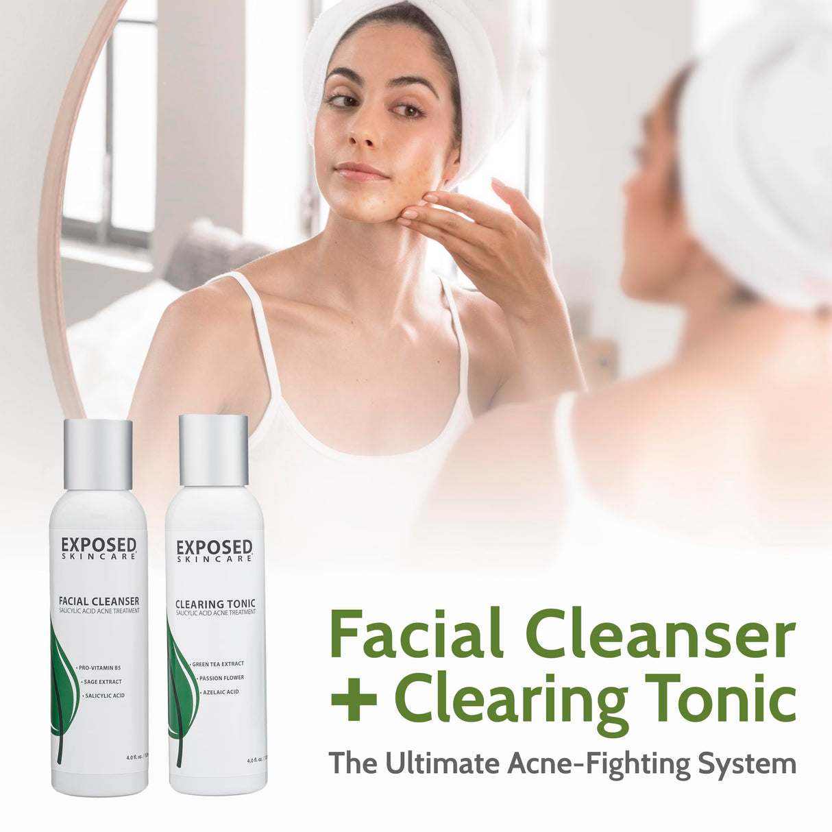 Exposed Skin Care Acne Treatment Kit - Includes Facial Cleanser, Clearing Tonic, Acne Treatment Serum, Clear Pore Serum, Clarifying Mask, Cloth - Natural Acne Solution for Face, All Ages & Skin Types