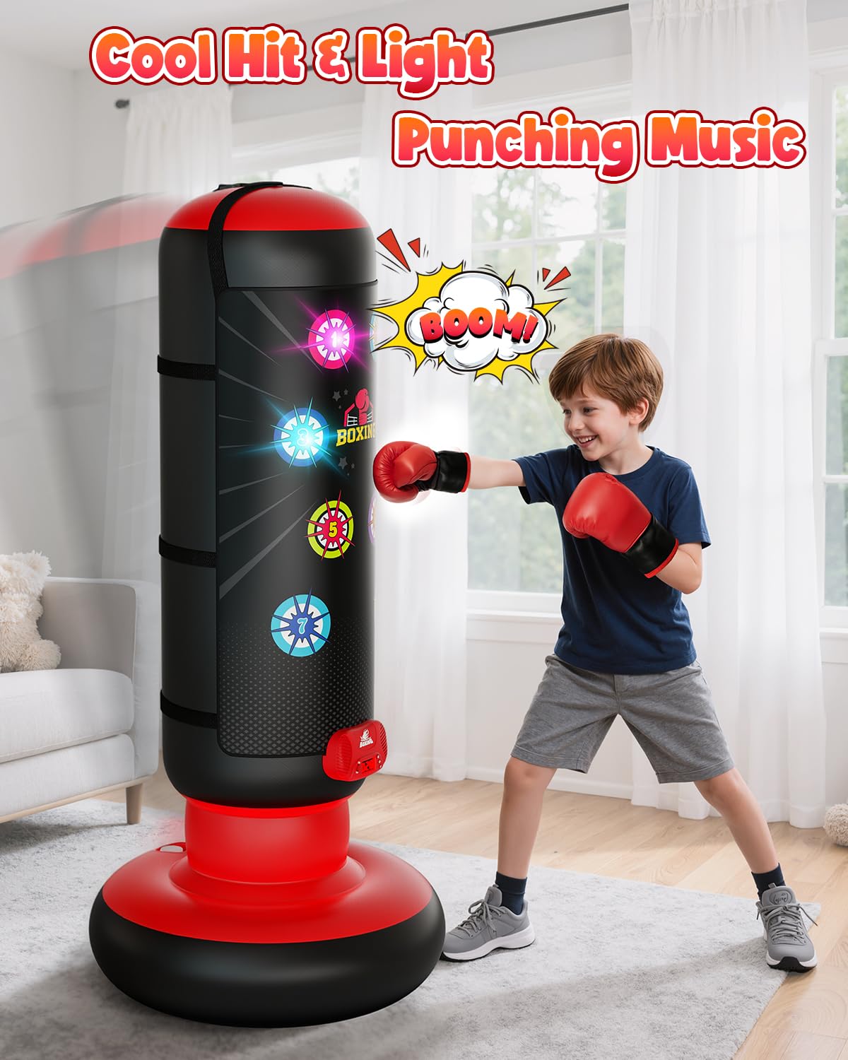 HopeRock Punching Bag for Kids, Boxing Set with Scoring, Light, Music, 4 Game Modes, Inflatable Boxing Bag with Gloves, Birthday Gifts Toys for 4-8-12 Years Old Boys