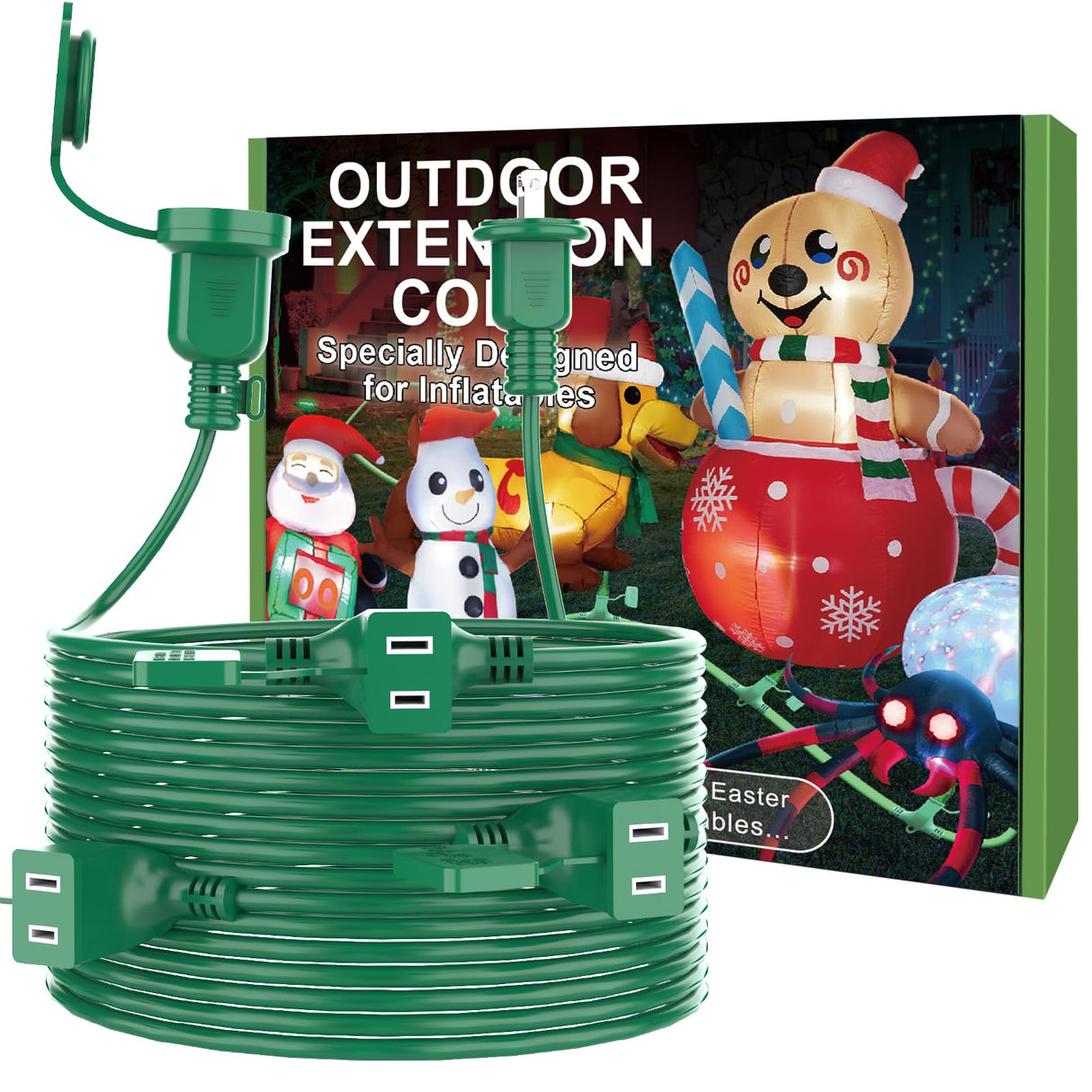 50FT Long Green Extension Cord 3 Outlets for Christmas Inflatables Blow Ups Yard Outdoor Outside Decorations Extension Cords with Multiple Outlets Plugs Cover Splitter Waterproof for Christmas Lights