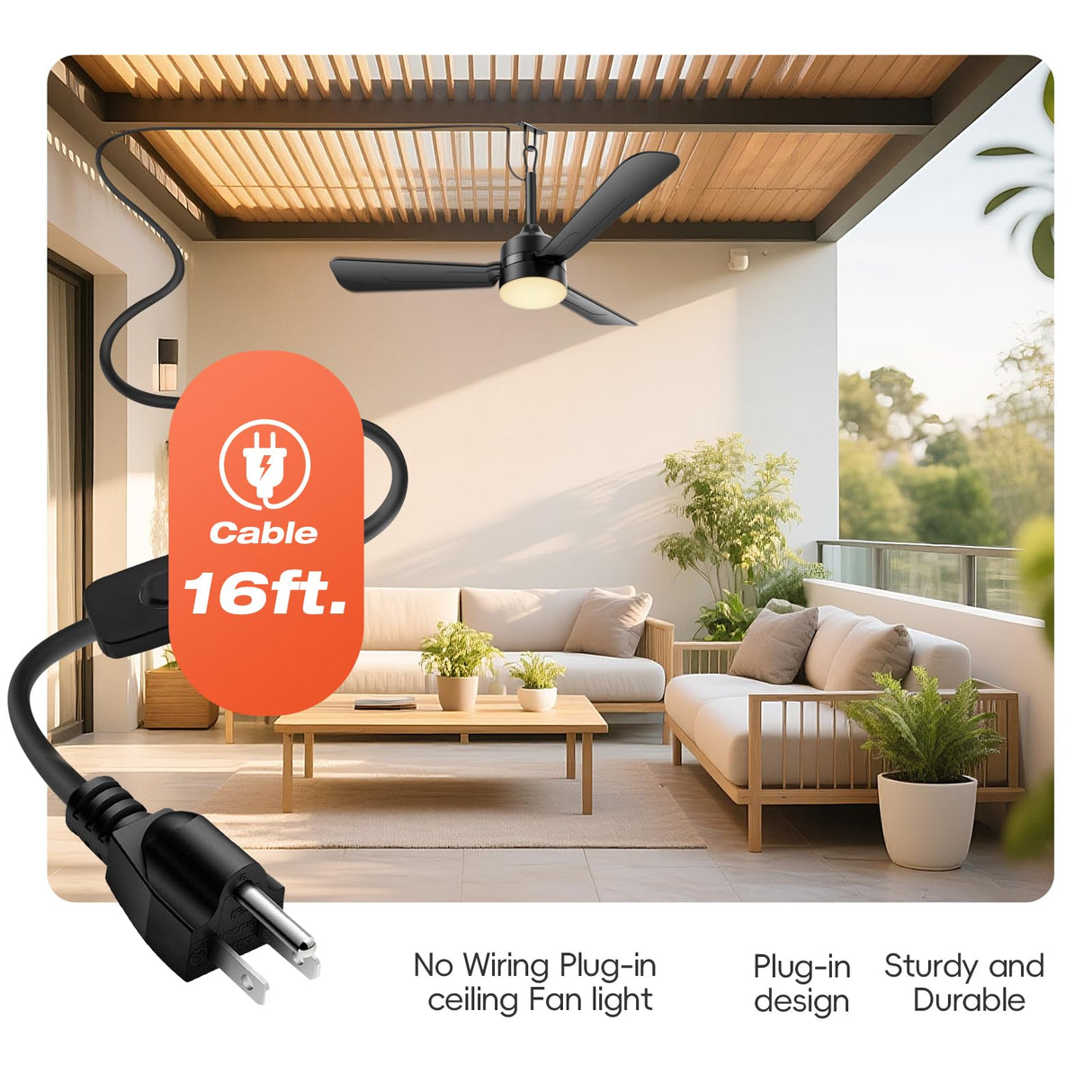 PBLALA Ceiling Fans with Lights,36.5" Plug in Ceiling Fan Light,Gazebo Fan Light,LED Fan Light Hanging with Hook,Hook Type Fan,45W,3000-6500k,Remote Control,Portable Fan for Patios,Pergola