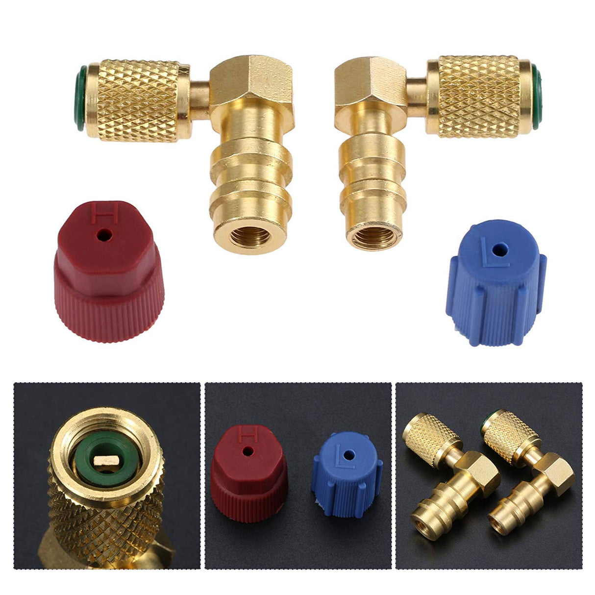 Aupoko R12 to R134A High/Low AC Port Retrofit Conversion Adapter Fitting Kit, R12 to R134A Retrofit Kit, Quick Coupler Valve A/C 90° Fitting, High and Low Side R-12 to R-134A Retrofit with 2 Caps