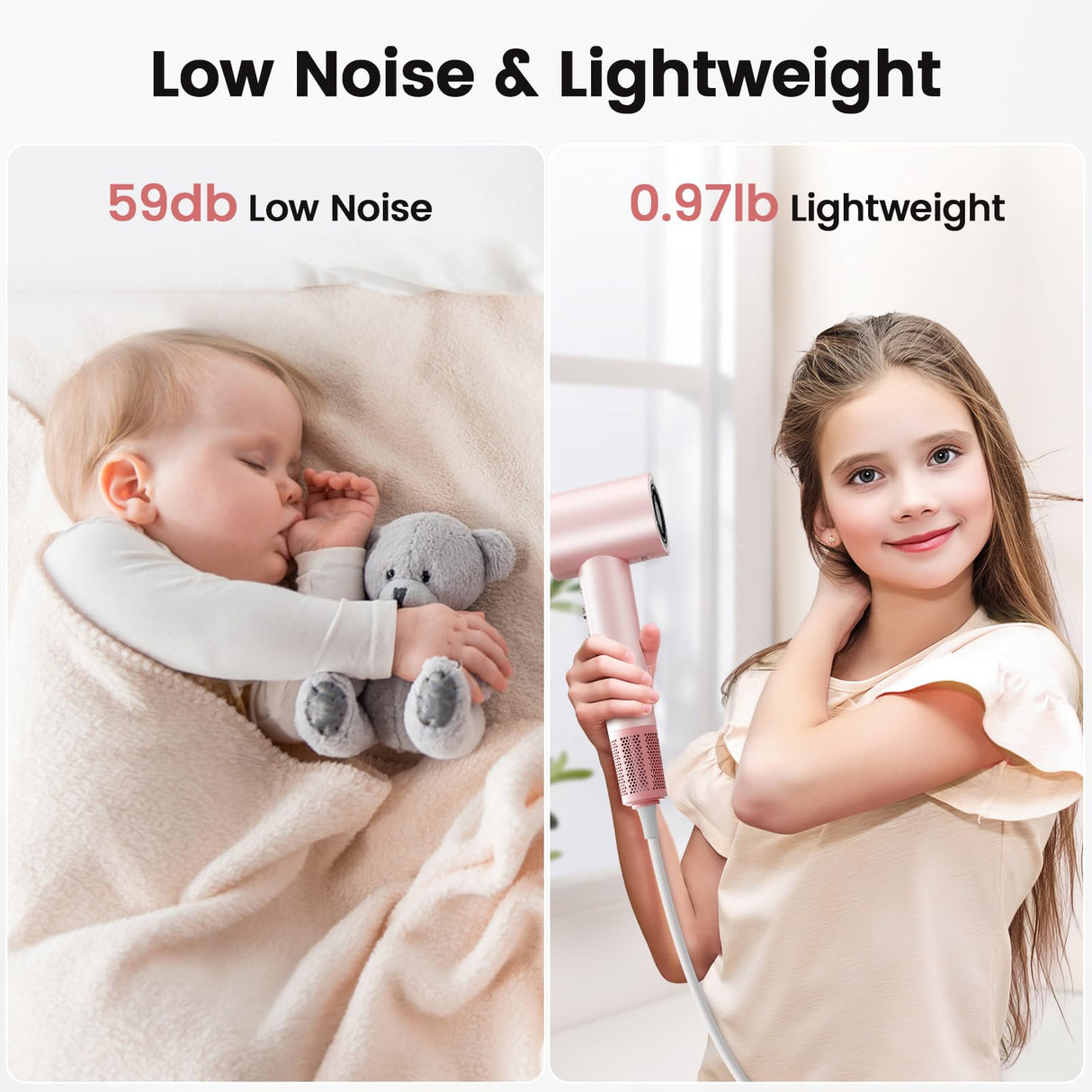 Hair Dryer, 110,000 RPM High-Speed Ionic Blow Dryer for Fast Drying, Professional Lightweight Hairdryer with Diffuser, Magnetic Nozzle, 4 Temps & 2 Speeds, Low Noise for Travel & Home - Pink