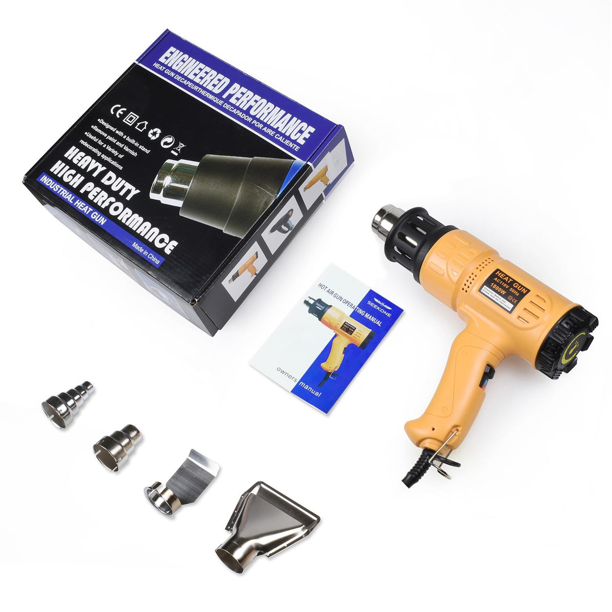 SEEKONE Heat Gun 1800W 122℉-1202℉(50℃- 650℃)Fast Heating Heavy Duty Hot Air Gun Kit Variable Temperature Control Overheat Protection with 4 Nozzles for Crafts, Shrinking PVC, Stripping Paint(5.2FT)