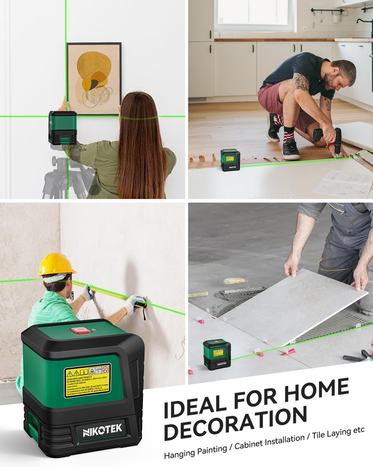 Nikotek Laser Level Self-Leveling Green Beam Horizontal and Vertical Crossline Laser for Home Decor Carrying Pouch, Tripod Battery Included (NK02GT2)